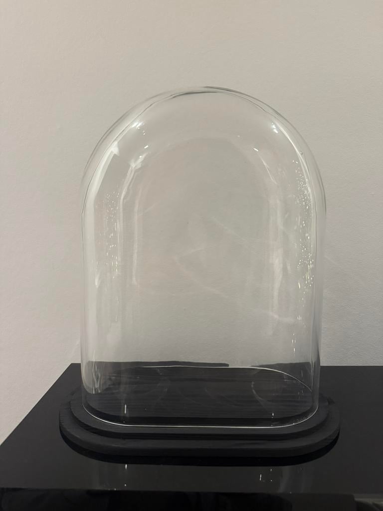Stolp ovaal L helder glas zwart houten plateau, Veens Living, Nieuw, Elst, Info@veensliving.nl