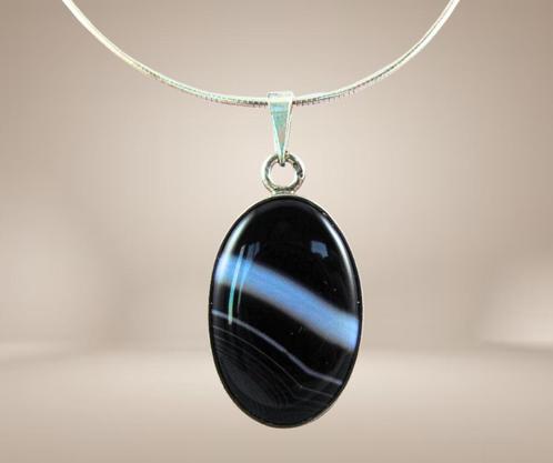 Schitterende 925 zilver zwarte BOTSWANA AGAAT ketting!, Sieraden, Tassen en Uiterlijk, Kettingen, Zo goed als nieuw, Zilver, Zilver