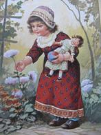 Antieke Gesign Kaart - Meisje met Pop & Bal Plukt Bloemen, Verzenden, Voor 1920, Ongelopen, Kinderen