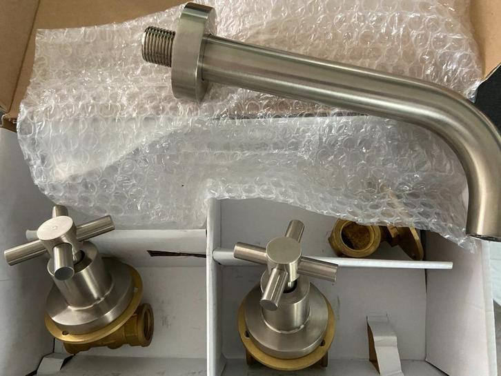 Cross inbouw-wastafelmengkraan 2-knops geborsteld staal, Doe-het-zelf en Verbouw, Sanitair, Nieuw, Kraan, Koper, Ophalen