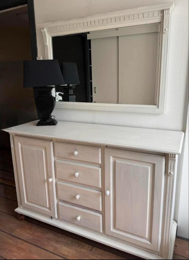 Wit Grenen Dressoir met Spiegel, Huis en Inrichting, Kasten | Dressoirs, Gebruikt, 100 tot 150 cm, 25 tot 50 cm, Met lade(s), Grenenhout
