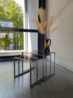 Vintage '70 Rookglazen Bijzettafels - Chroom & Goud, Huis en Inrichting, Tafels | Bijzettafels, Ophalen, Minder dan 45 cm, Minder dan 55 cm