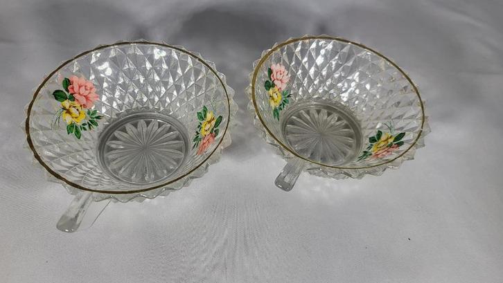 Set van 2 vintage glazen schaaltjes met bloemendecoratie, Antiek en Kunst, Antiek | Glas en Kristal, Ophalen of Verzenden