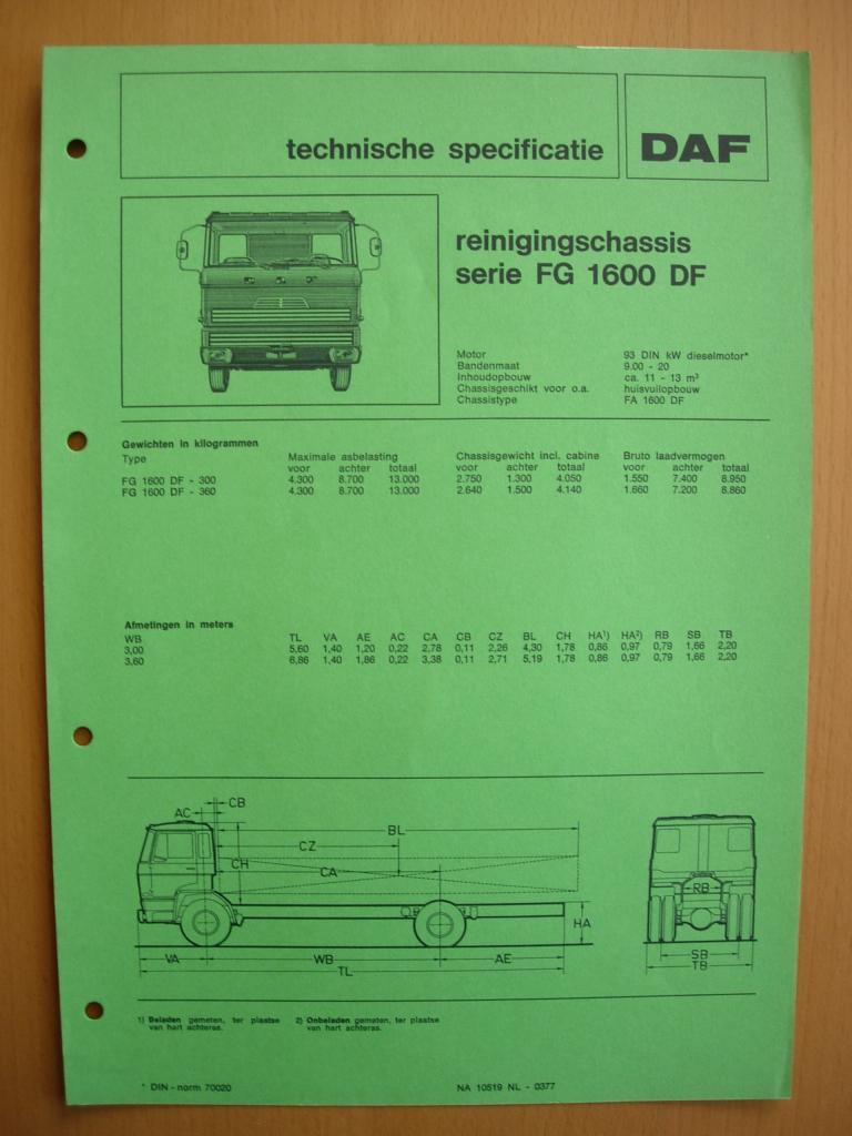 DAF FG 1600 DF Technische Specificatie folder 1977 - 4x2, Ophalen of Verzenden, Zo goed als nieuw, Overige merken, DAF
