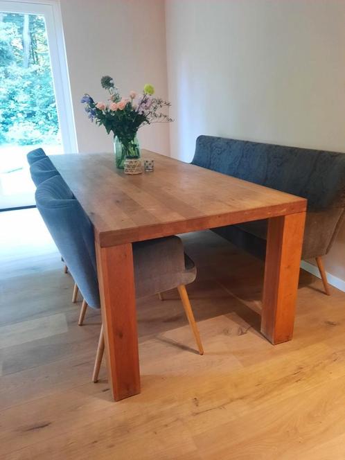 Eetkamer set, eiken tafel, drie hele fijne stoelen en bank, Huis en Inrichting, Tafels | Eettafels, Gebruikt, 200 cm of meer, Vijf personen of meer