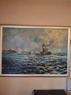 Ingelijste olieverf schilderij van schepen in haven., Ophalen