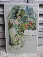 Antieke Gesign Art Nouveau Kaart - Dame & Heer / Bloemen, Verzenden, Voor 1920, Gelopen, Overige thema's