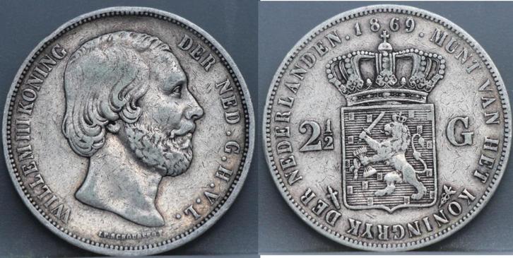 Zilveren rijksdaalder 1869 - 2 1/2 gulden 1869 -  Willem 3, Postzegels en Munten, Munten | Nederland, Losse munt, 2½ gulden, Koning Willem III