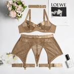 Beige doorzichtig mesh lingerie setje string bh jarretels, Kleding | Dames, Ondergoed en Lingerie, Verzenden, Beige, Setje