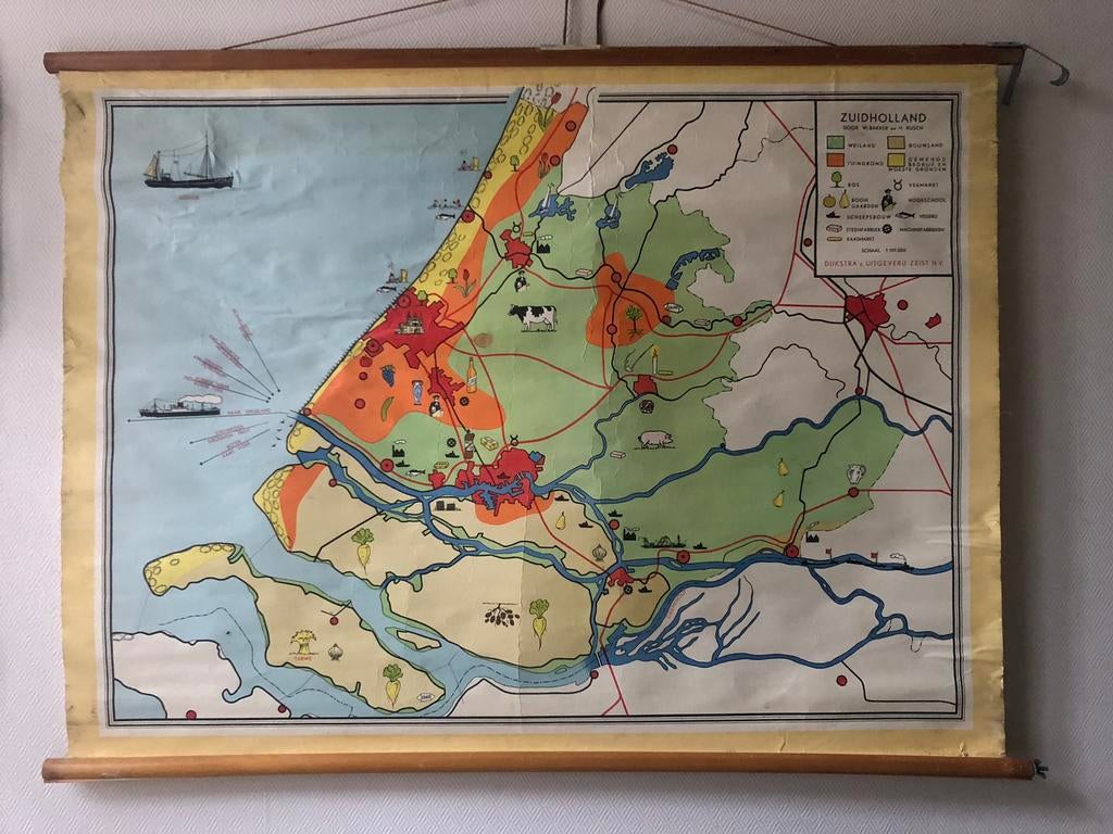 Oude schoolkaart Zuid-Holland topografie kaart, Ophalen of Verzenden, Aardrijkskunde