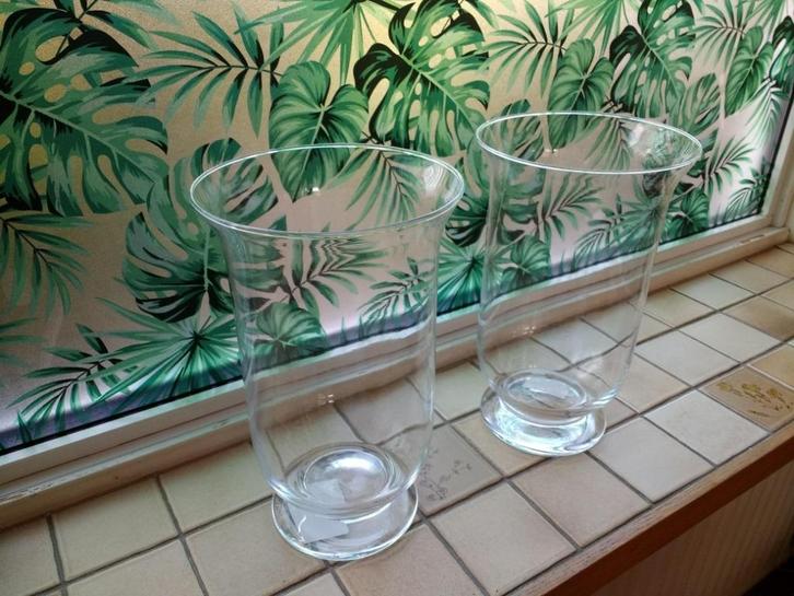 Set 2 grote windlichten, vazen transparant glas 30 cm hoog, Huis en Inrichting, Woonaccessoires | Vazen, Zo goed als nieuw, Overige kleuren