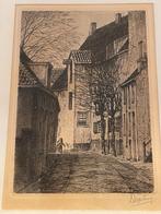 Dirk Harting - ets van oud straatje met vrouwtje met stok, Antiek en Kunst, Ophalen of Verzenden