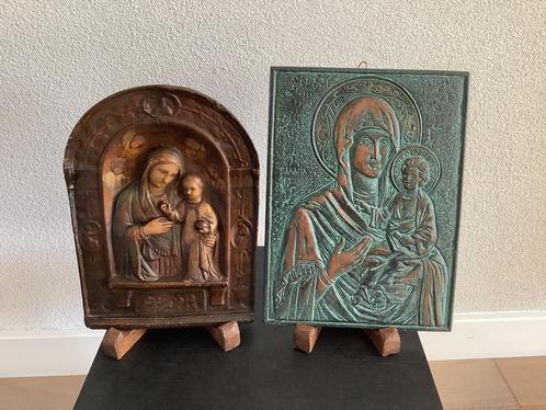 Gipsen en koperen icoon Maria met kind, Antiek en Kunst, Antiek | Religie, Ophalen of Verzenden
