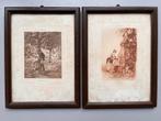 Twee leuke oude prenten Rudaux Grivaz ingelijst 20x26cm, Ophalen of Verzenden