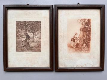 Twee leuke oude prenten Rudaux Grivaz ingelijst 20x26cm beschikbaar voor biedingen