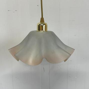 Brocante gegolfd parasol hanglamp melkglas Art Deco messing beschikbaar voor biedingen
