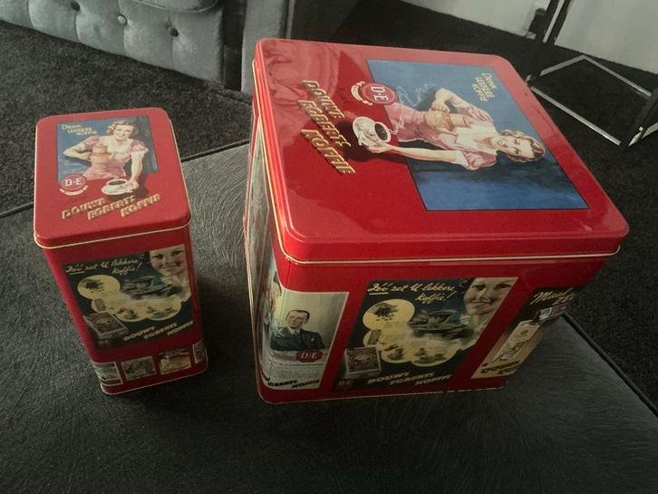 Vintage Douwe Egberts Koffiebussen - Set van 2, Verzamelen, Blikken, Gebruikt, Koffie, Douwe Egberts, Ophalen of Verzenden
