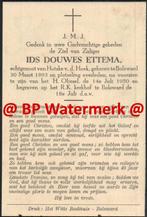 Ettema Ids 1893 Bolsward 1950 x vd Hoek - 20558, Verzamelen, Bidprentjes en Rouwkaarten, Bidprentje, Ophalen of Verzenden