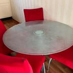 Ronde glazen eettafel met poten- chromen kruistaf, Ophalen, 50 tot 100 cm, Vijf personen of meer, Rechthoekig