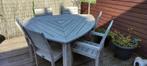 Teakhouten tuinset met driehoek tafel en 6 stoelen, Ophalen, Zo goed als nieuw, Teakhout