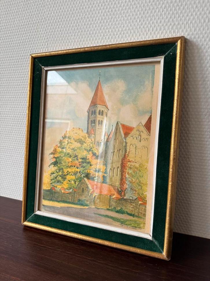 Vintage Lijst, Goud en Groen Velours met Prent van Clervaux, Huis en Inrichting, Woonaccessoires | Lijsten, Gebruikt, Minder dan 50 cm