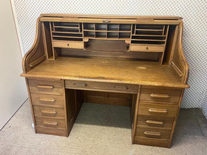 Massief eiken rolluik bureau, Huis en Inrichting, Bureaus, Gebruikt, Bureau, Ophalen