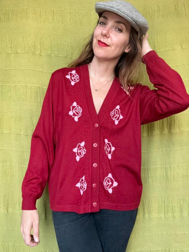 Vintage vest / vestje - rood - print - 40/L/large, Kleding | Dames, Truien en Vesten, Gedragen, Maat 38/40 (M), Rood, Ophalen of Verzenden