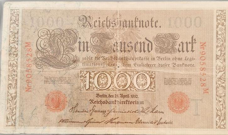 Reichsbanknote 1000 Mark 1910, Postzegels en Munten, Bankbiljetten | Europa | Eurobiljetten, Duitsland, 100 euro, Ophalen of Verzenden