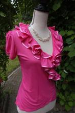 bijzondere fel roze overslag ruffle top - mt S, Ophalen of Verzenden, Zo goed als nieuw, Korte mouw, Roze