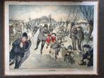 Oude prent , schoolplaat Schaatsenrijden in de winter, Ophalen, Stad- en Dorpsgezichten