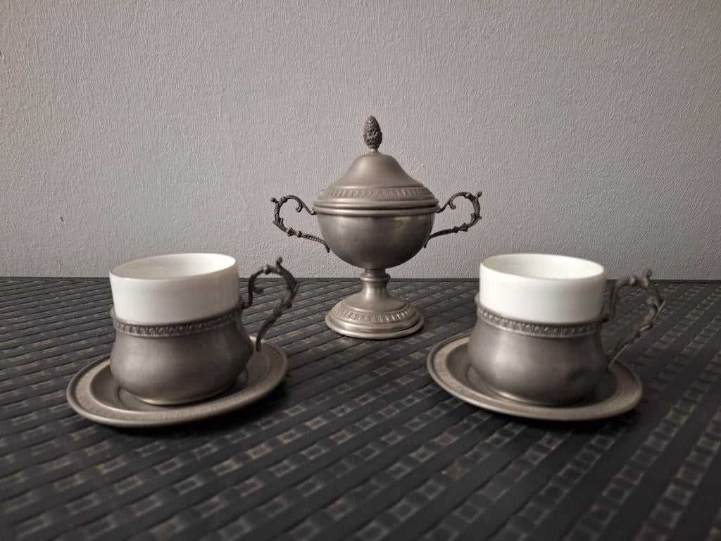 Vintage Tinnen Kopjes met Suikerpot, Antiek en Kunst, Ophalen of Verzenden