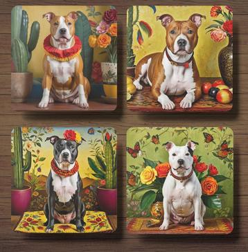 Staffordshire Bull Terriër Frida Kahlo onderzetters + houder beschikbaar voor biedingen