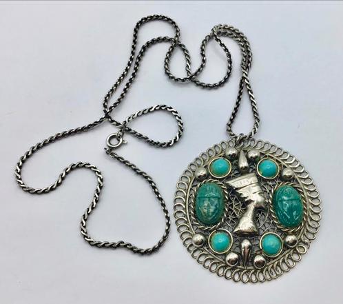 Vintage ketting zilver filigrein Egyptisch scarab blauw, Sieraden, Tassen en Uiterlijk, Antieke sieraden, Ketting, Zilver, Verzenden