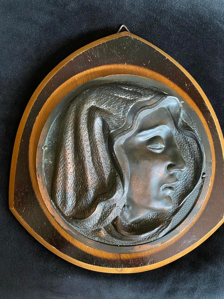 Art deco plaquette Maria / Madonna roodkoper op hout 25 cm, Antiek en Kunst, Ophalen of Verzenden