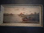 Schilderij Waterlandschap man in boot en opvliegende ganzen, Antiek en Kunst, Kunst | Schilderijen | Klassiek, Ophalen of Verzenden