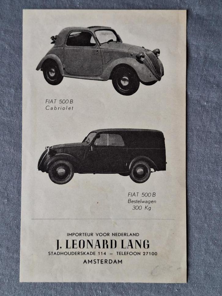 Leaflet FIAT 500B Cabriolet / Bestelwagen - NL, Boeken, Auto's | Folders en Tijdschriften, Overige merken, Ophalen of Verzenden