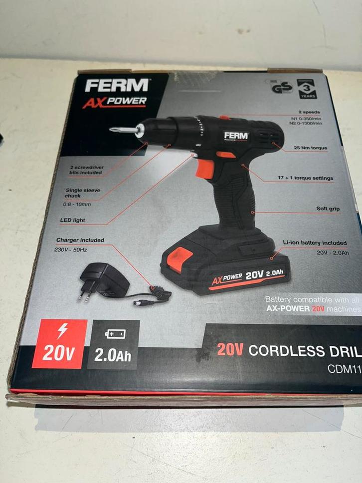 FERM CDM 1191 20V Accu Schroefboormachine 2Ah accu, Doe-het-zelf en Verbouw, Gereedschap | Boormachines, Nieuw, Boor- en Schroefmachine