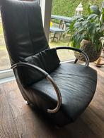 Lederen fauteuil met losse hocker  zwart / chroom, Huis en Inrichting, Fauteuils, Verzenden, Zo goed als nieuw