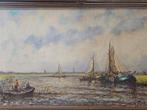 Schilderij met boten in brocante lijst, Ophalen of Verzenden