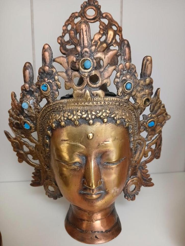 Antiek Boeddha Hoofd met Kroon, Antiek en Kunst, Kunst | Beelden en Houtsnijwerken, Ophalen of Verzenden