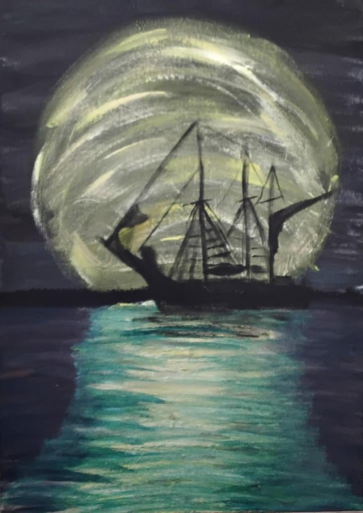 zeilschip bij maanlicht 70/50 cm., Ophalen