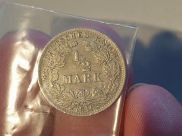 Duitsland,  1/2 mark 1916A, 2.77 gr x .900 zilver (1) beschikbaar voor biedingen