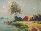 Huisje aan water. Olieverf gesigneerd schilderij huis, Ophalen of Verzenden
