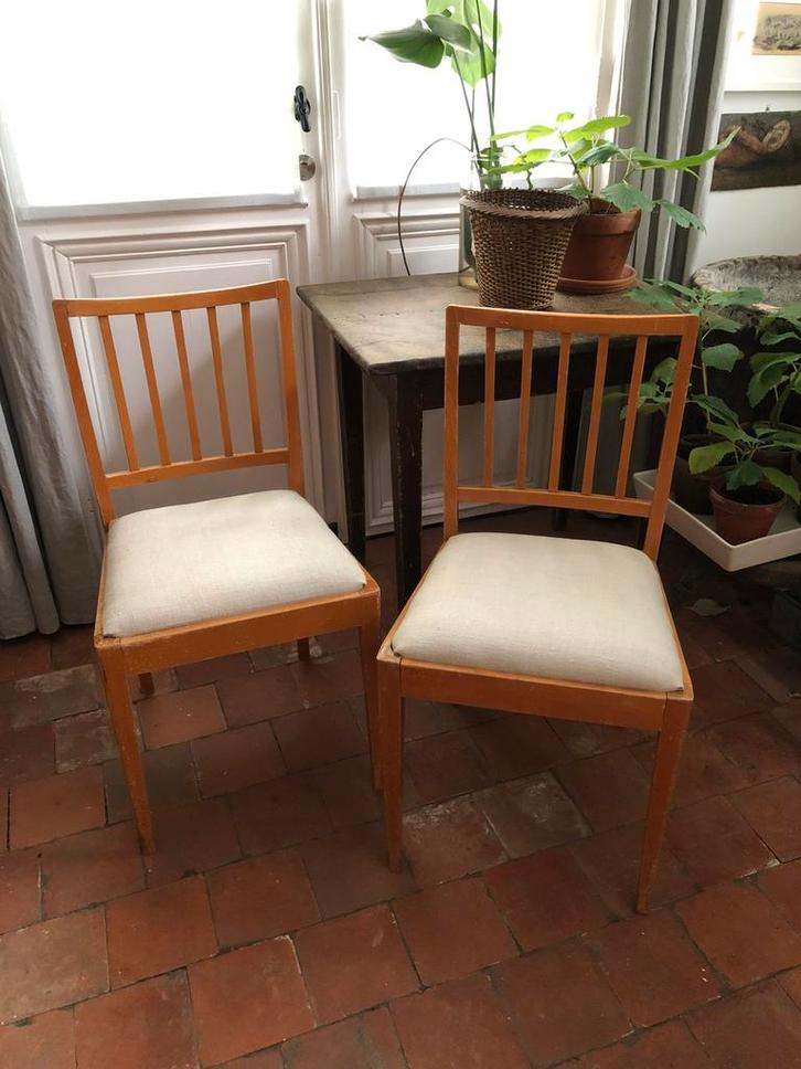 ANTIEKE SPIJLENSTOEL 2 STUKS STOEL LINNEN ZITTING, Huis en Inrichting, Stoelen, Zo goed als nieuw, Hout, Bruin, Ophalen