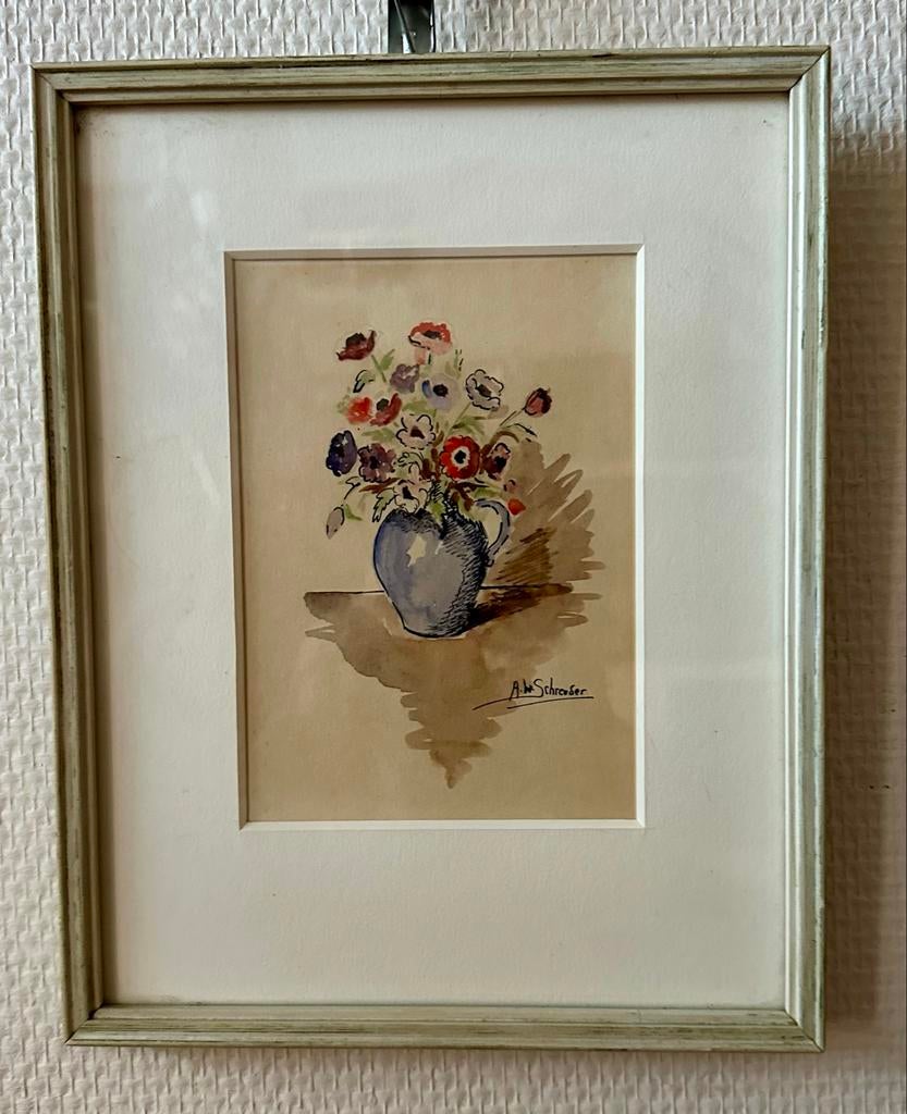 Aquarel van Mevr.A.W. Gazendam - Schreuder - Bloemen in vaas, Antiek en Kunst, Kunst | Tekeningen en Foto's, Ophalen of Verzenden