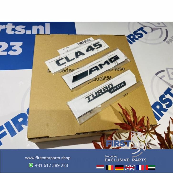W118 CLA45 AMG LOGO SET ZWART EMBLEMEN SET Mercedes CLA KLAS, Auto-onderdelen, Carrosserie en Plaatwerk, Mercedes-Benz, Gebruikt