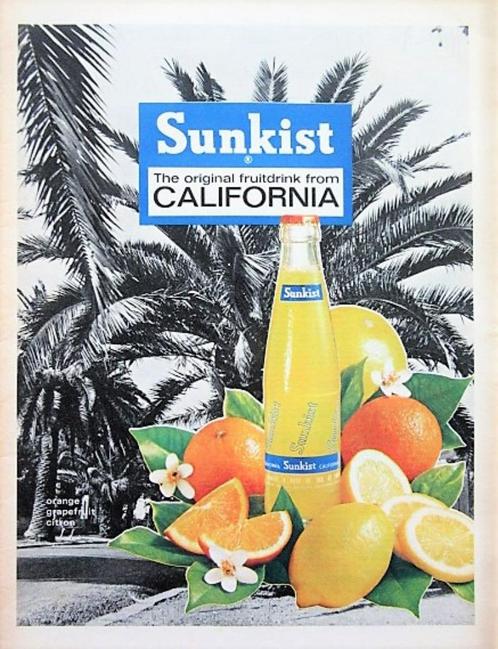 15 vintage reclames California Sunkist frisdrank 1966-69, Verzamelen, Merken en Reclamevoorwerpen, Gebruikt, Ophalen