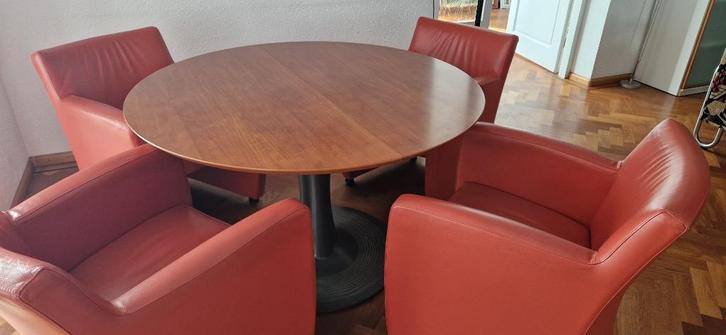 Leolux eettafel met 4 lederen stoelen, Huis en Inrichting, Fauteuils, Gebruikt, Leer, 100 tot 125 cm, 100 tot 125 cm, Ophalen