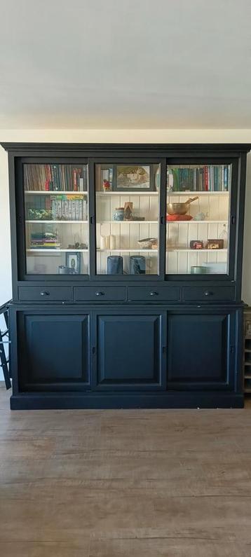 Buffetkast / Dressoir met Vitrinekast – Massief hout – Zwart beschikbaar voor biedingen