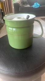 Brocante emaille oud MELKKOKER reseda groen met gouden bies, Ophalen of Verzenden